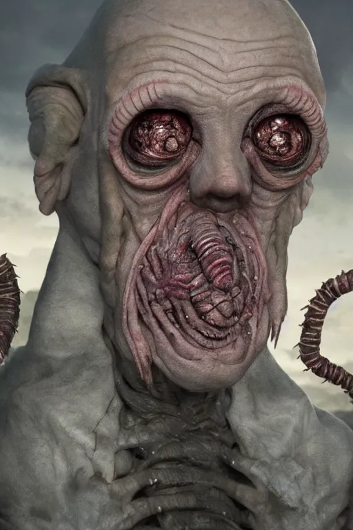 Image similar to rupert murdoch as a worm monster, photorealistic, cinematic lighting, highly detailed, very intricate, by guillermo del toro and hr giger