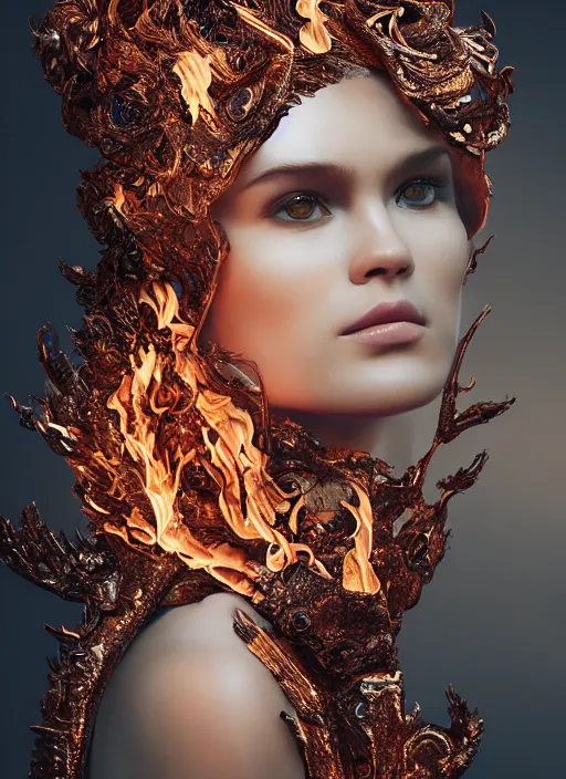 Image similar to 3d fashion portrait with fire, female, future, torch, flame, harper's bazaar, vogue, fashion magazine, intricate, concept art, close up, ornate, luxury, elite, elegant, trending on artstation, by ruan jia, by Kenneth Willardt, by ross tran, by WLOP, by Andrei Riabovitchev,