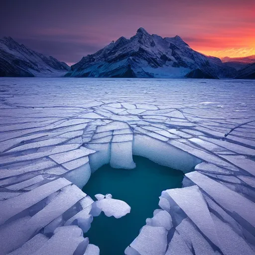 Image similar to amazing landscape photo of A monster trapped under the ice transparent frozen lake at sunset by marc adamus beautiful dramatic lighting