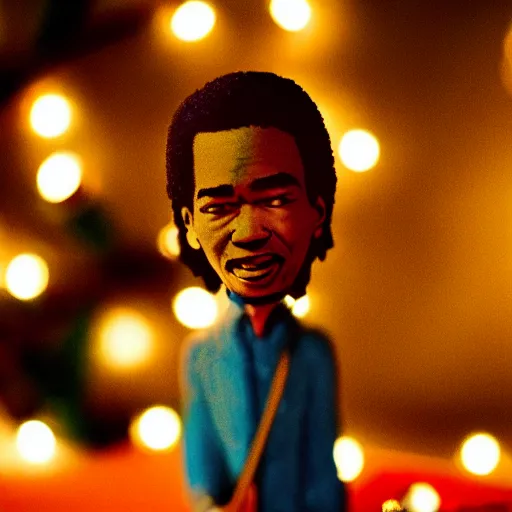 Image similar to close up of photo of Jimmy Hendrix bobble head on table top with fairy lights in the background, expired film, thin dof, soft lighting, realistic, swirly bokeh