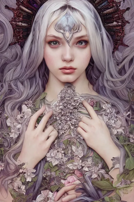 Image similar to Billie Ellish Goddess, cute, fantasy, intricate, elegant, highly detailed, digital painting, 4k, HDR, concept art, smooth, sharp focus, illustration, art by artgerm and H R Giger and alphonse mucha