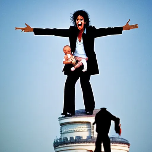 Image similar to michael jackson scream holding a baby on top of tower