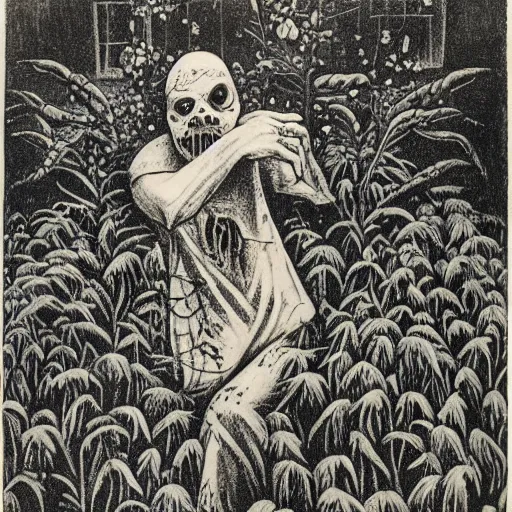 Prompt: zombie in an overgrown garden, gustavo Dore lithography