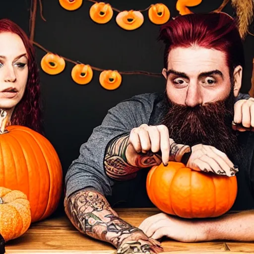 Prompt: a woman with straight red hair and a man with a dark well groomed beard and tattoos frowning at peas and pumpkin