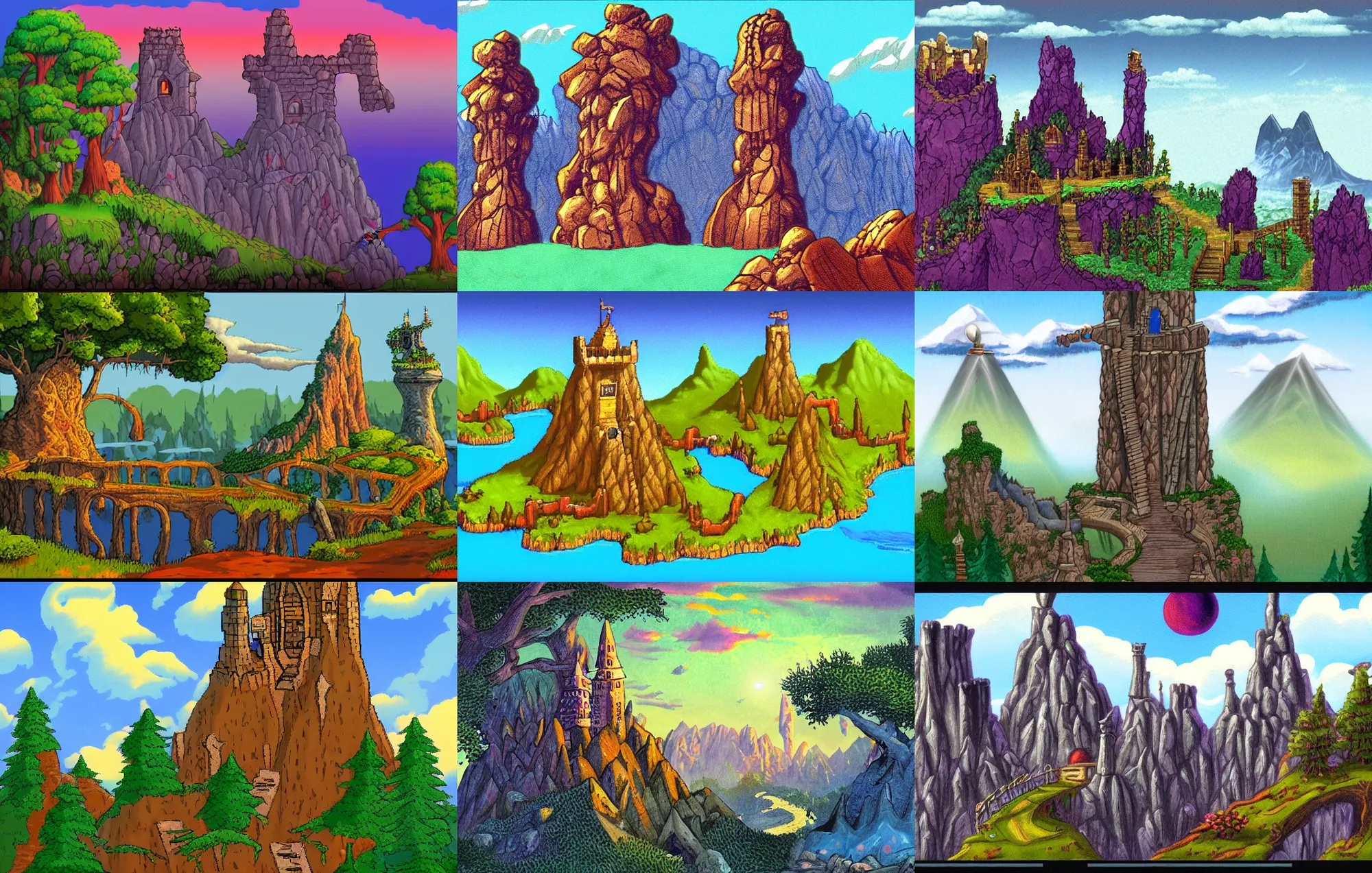 Prompt: a wizard tower across from a rope bridge, from a fantasy point and click 2 d graphic adventure game, art inspired by john shroades, king's quest, sierra entertainment games, colorful landscape painting