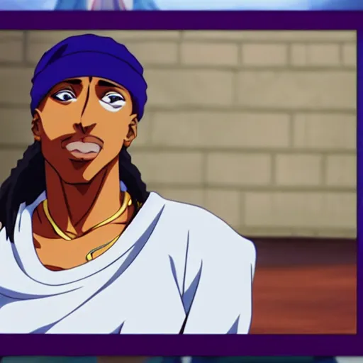 Image similar to Tupac Shakur, screenshot from a 2012s anime