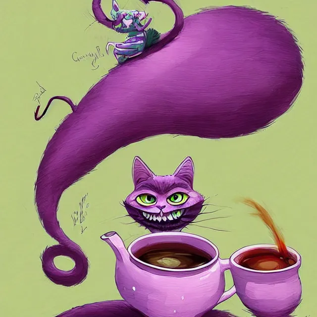 Image similar to cheshire cat drinking tea, by cory loftis, character art, art, very coherent, plain background, lighthearted, soft painting