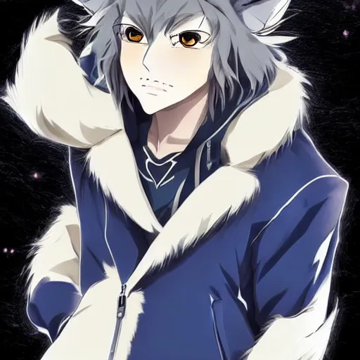 Image similar to key anime visual portrait of an anthropomorphic anthro wolf fursona, in a jacket, with handsome eyes, official modern anime art