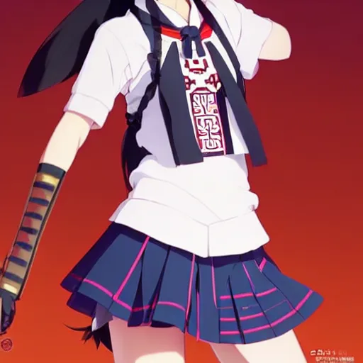 Image similar to a beautiful! boyish! natalie portman model, wearing japanese school girl outfit with mayan pattern and native style, aztec street fashion, guilty gear art direction, perfect anime face, gapmoe yandere grimdark, trending on pixiv fanbox, painted by greg rutkowski makoto shinkai takashi takeuchi studio ghibli, akihiko yoshida