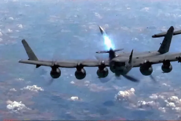 Prompt: gigachad!!!!!!!! getting nuked by a plane, ac 1 3 0 footage, government released footage