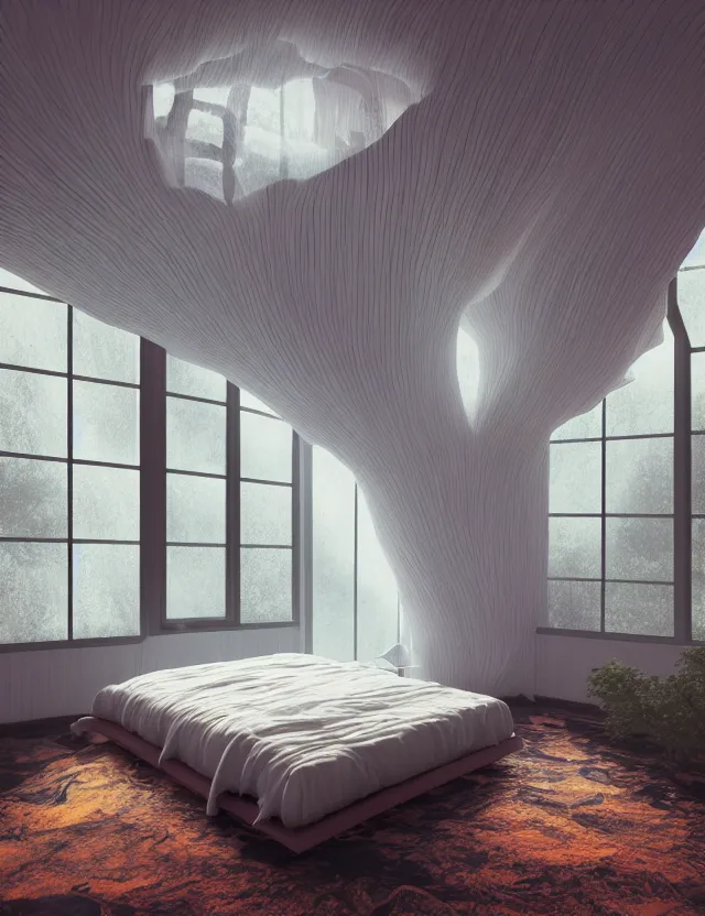 Image similar to an ultra wide angle photo of a bed hovering above the floor in the middle of a giant bedroom with windows opening to other worlds by casey weldon and lee madgewick, photorealistic, octane render, recursive!!!!, flowing, cascading, multiverse!!!!, labyrinthine