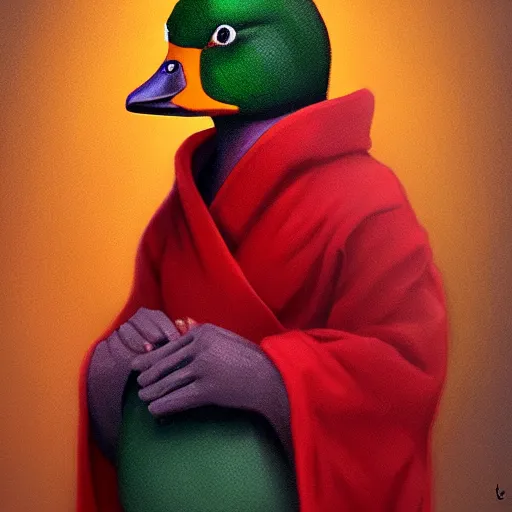 Prompt: portrait of cute mallard duck, wearing cultist red robe, doing witchcraft, expressive oil painting, digital art, octane render