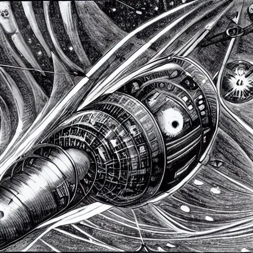 Prompt: atompunk space ship sailing the infinite cosmos, grand scale, raygun gothic style, astrophysics, mathematical drawing, painting by h. r. giger