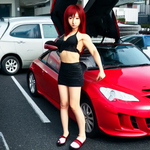 Prompt: Anime young woman with huge steroid muscles picking up a car in Tokyo.