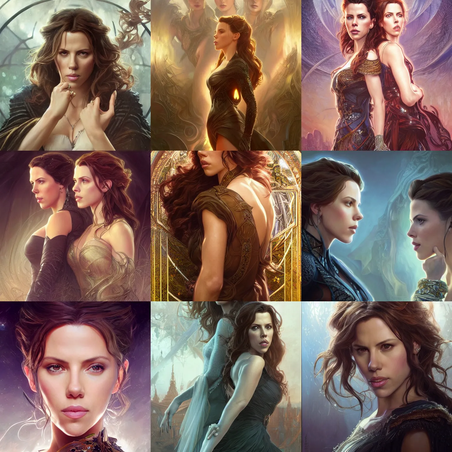 Prompt: Kate Beckinsale and Scarlett Johansson Save the World, fantasy, intricate, elegant, highly detailed, digital painting, artstation, concept art, smooth, sharp focus, illustration, art by artgerm and greg rutkowski and alphonse mucha