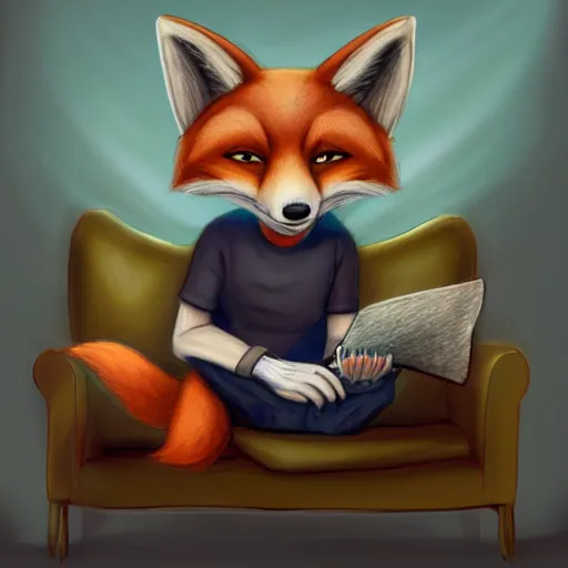 Image similar to an anthropomorphic fox wearing a t-shirt and jeans sitting on a couch, DeviantArt, Artstation, matte fantasy painting, matte fantasy painting, furry, anthro, anthropomorphic, furaffinity, cartoon, disney