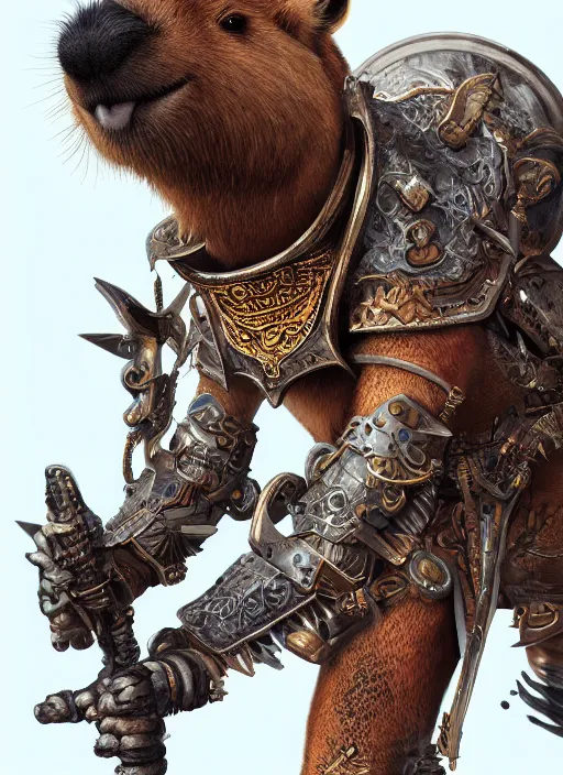 Prompt: detailed concept art illustration painting of an anthropomorphic capybara warrior in full intricate armor, ultra detailed, digital art, octane render, 4K