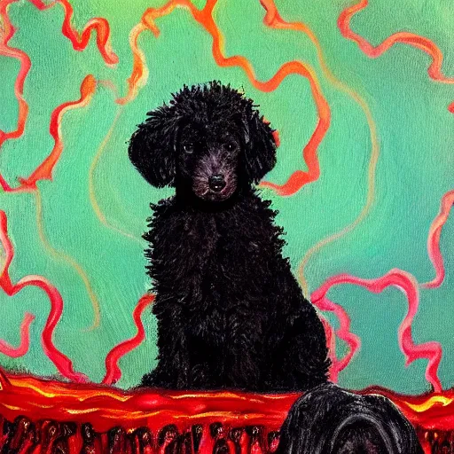 Prompt: a small black labradoodle sitting on a throne in hell. award - winning. oil painting. expressive.