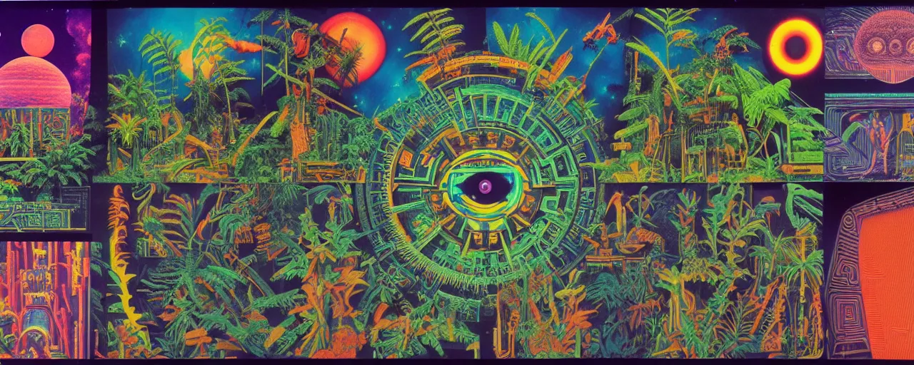 Prompt: 1978 cut out collage, science fiction movie set, neon aztec, break of dawn on Jupiter, epic theater , tropical ambience, ancient fern, electro schematics, film noir, in part by Alex Grey, part by Hale Woodruff