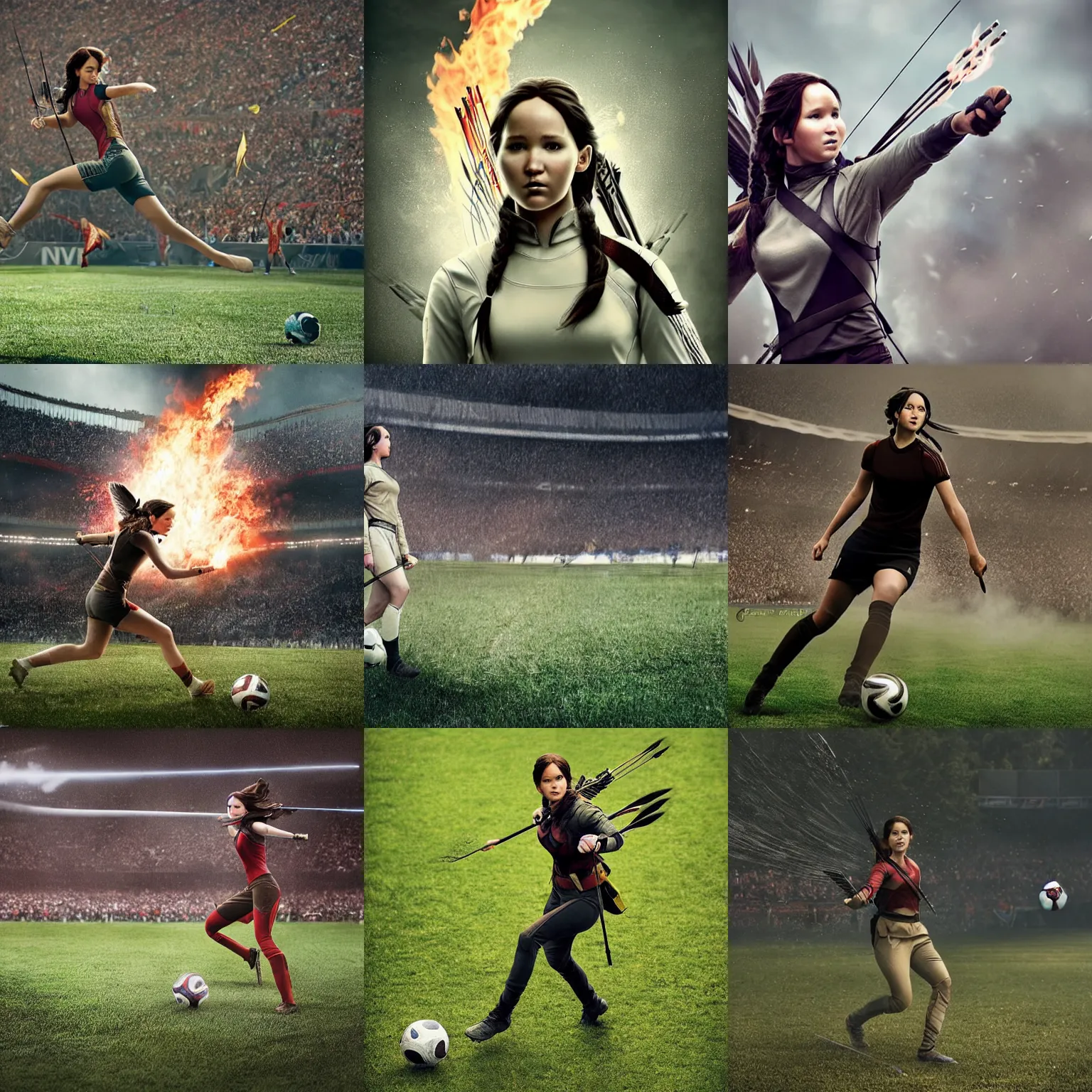 Prompt: Katniss Everdeen about to kick a ball into a goal, at the World Cup, high shutter speed, candid digital portrait by Greg Rutkowski