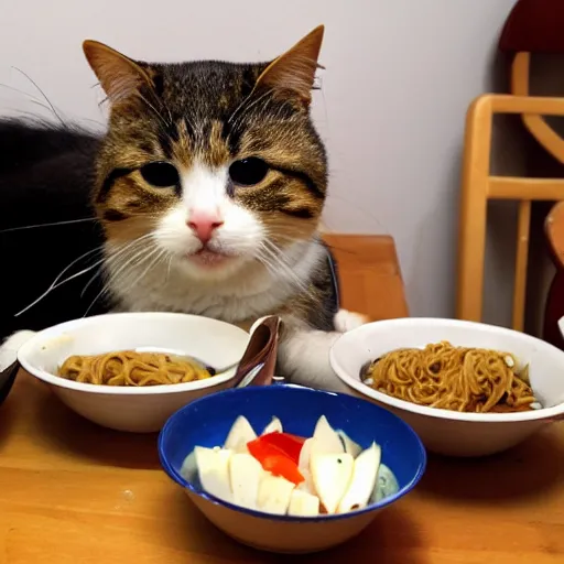 Image similar to noodles on toast cat watching over the food