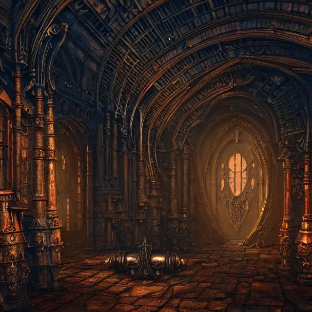 Image similar to steam necropolis, memento mori, gothic, neo - gothic, art nouveau, hyperdetailed copper patina medieval icon, stefan morrell, philippe druillet, ralph mcquarrie, concept art, steampunk, unreal engine, detailed intricate environment, octane render, moody atmospherics, volumetric lighting, ultrasharp, ominous, otherworldly