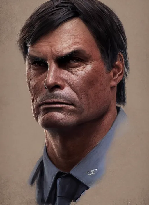 Image similar to A portrait of bolsonaro by Greg Rutkowski, Sung Choi, Mitchell Mohrhauser, Maciej Kuciara, Johnson Ting, Maxim Verehin, Peter Konig, final fantasy, 8k photorealistic, cinematic lighting, HD, high details, dramatic, atmospheric , trending on artstation