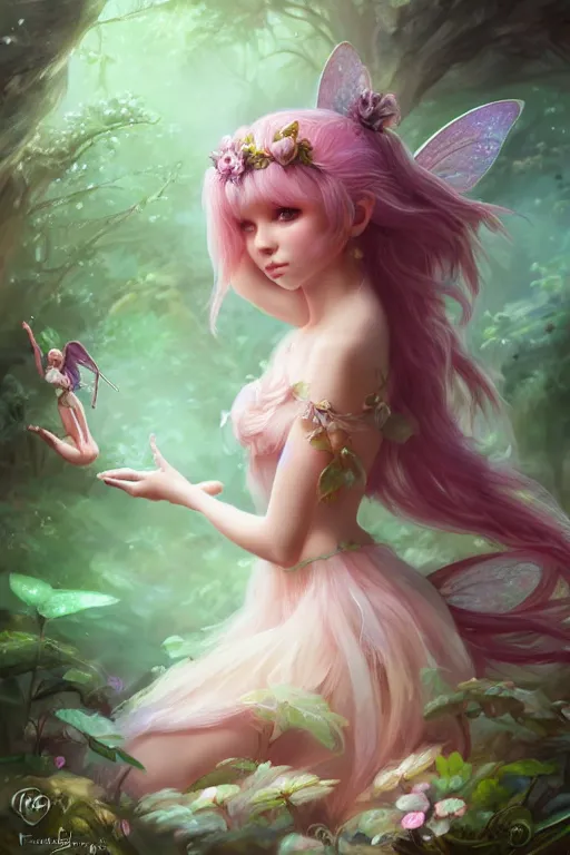 Image similar to a cute fairy in the dreamy forest, fantasy, 8 k resolution, hyper detailed, d & d, character design, digital painting, trending on artstation, sharp focus, illustration, art by artgerm, steve zheng, fuji choko, viktoria gavrilenko, hoang lap