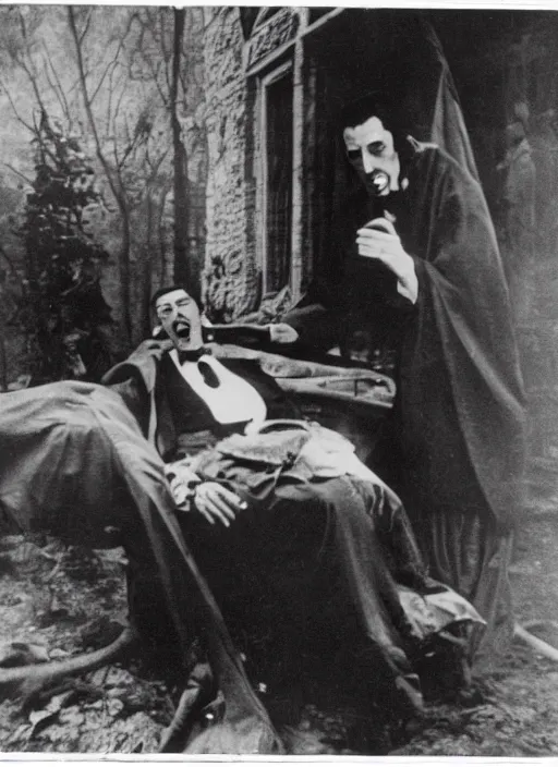 Prompt: old photo of dracula feasting on a person