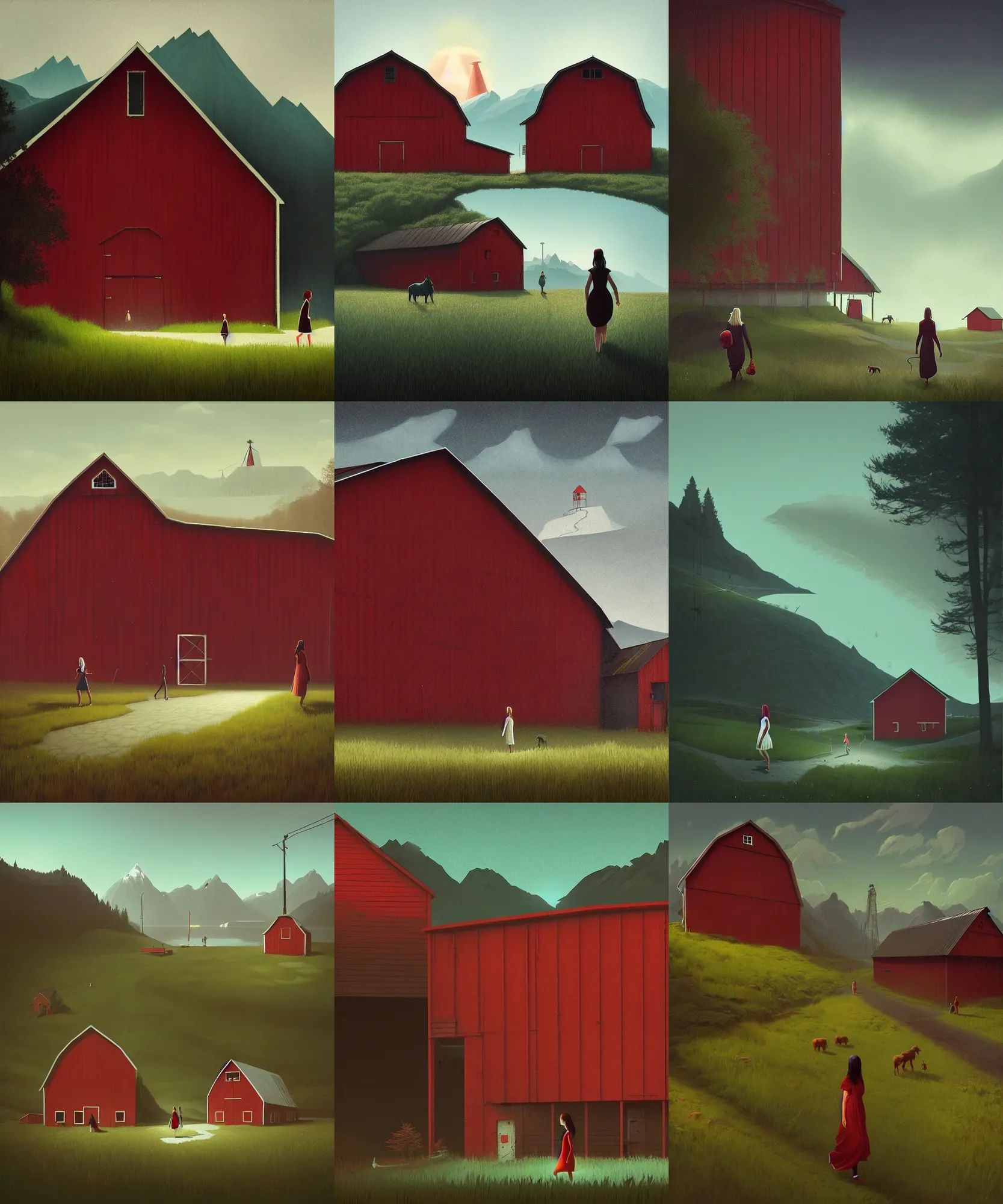 Prompt: simon stalenhag. composition : long shot. style : digital painting ; concept art ; dreamlike ; surreal. scenery : a fjord with a lone gabled roof red barn. subject : a young woman with long black hair wearing a white dress. action : the woman is walking towards the barn.