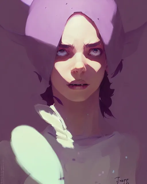 Image similar to hyper - realistic portrait of a fairy rogue, by atey ghailan, by greg rutkowski, by greg tocchini, by james gilleard, by joe fenton, by kaethe butcher, dynamic lighting, gradient light purple, brown, blonde cream and white color scheme, grunge aesthetic
