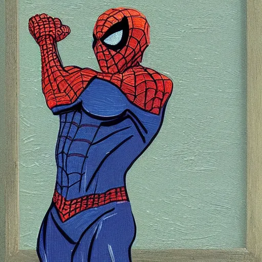 Image similar to a van gogh style painting of spiderman, 4 k, award winning, highly intricate