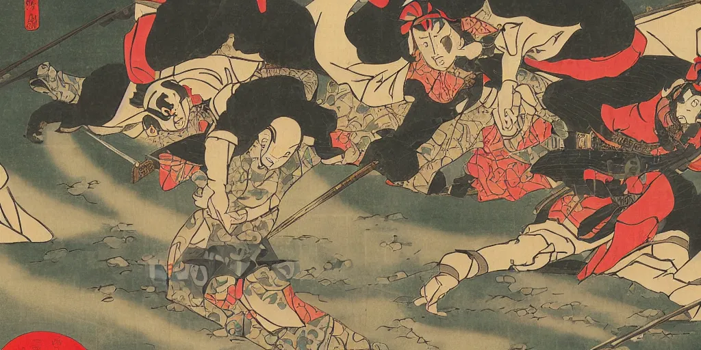 Prompt: mixed ukiyo - e style and italian futurism sytle painting of heavily armored samurai fighting in fierce battle in a beautiful forest