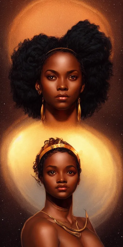 Image similar to black african princess, warm volumetric lighting, cosmic, symmetric, highly detailed, concept art, heavenly, intricate, sharp focus on the body, illustration, alexandros pyromallis, bouguereau, rutkowski, artgerm, alphonse mucha