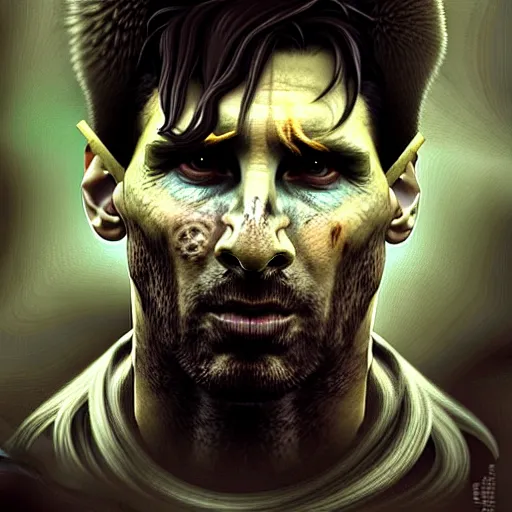 Prompt: Lionel Messi as a zombie, closeup, D&D style, fantasy, intricate, elegant, highly detailed, digital painting, artstation, concept art, matte, sharp focus, illustration, art by Artgerm and Greg Rutkowski and Alphonse Mucha