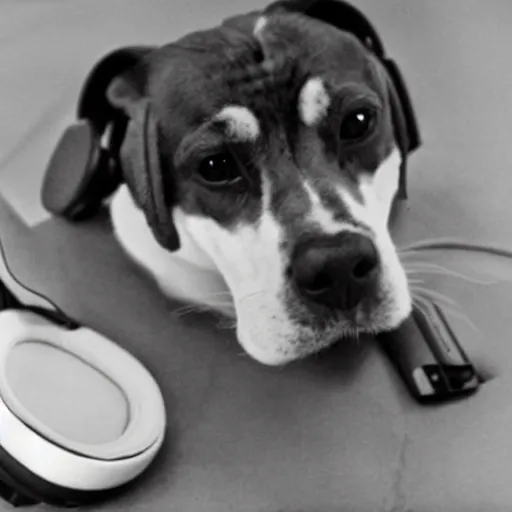 Prompt: A prize-winning highly detailed vintage black-and-white grainy damaged photograph of a dog playing Xbox with an intense expression as it barks into a headset