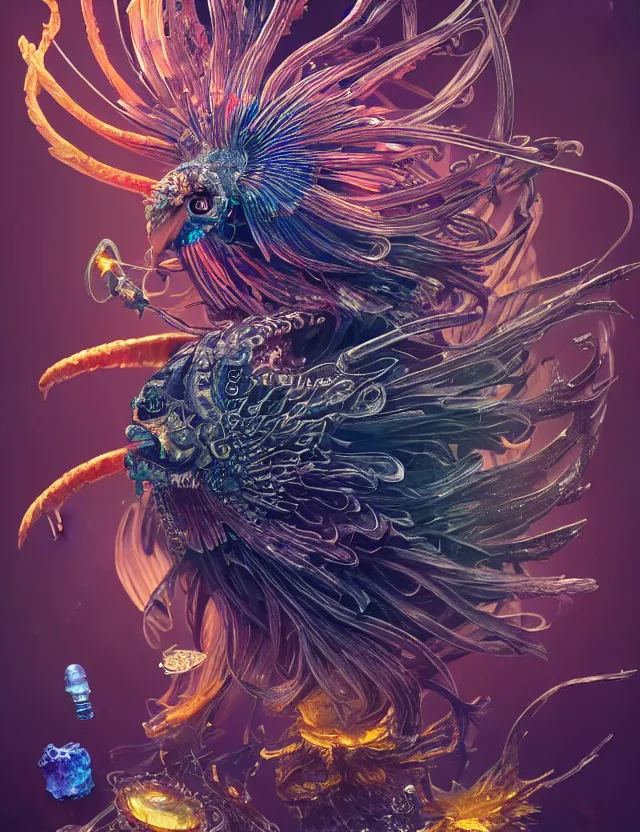 Image similar to witch phoenix macro close - up portrait with crown made of ram skull. phoenix, betta fish, jellyfish, plasma, ice, water, wind, creature, super intricate ornaments artwork by tooth wu and wlop and beeple and greg rutkowski