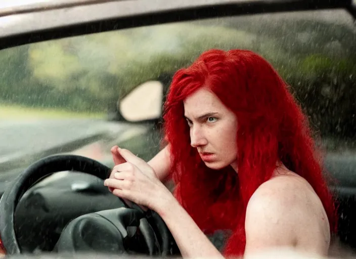 Image similar to A very high resolution image from a new movie, inside of a car, red hair woman, raining, hot, directed by wes anderson