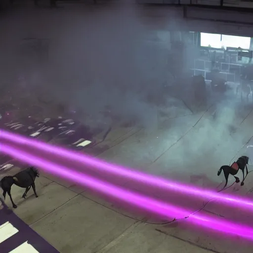 Prompt: wide angle shot from above, muted-neon-color-smoke wisps waft on a current of air through a low energy cluttered parlor and coalesce onto the floor into a close-up outline reminiscent of a high-energy racing horse crossing the finish line.