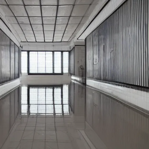 Image similar to photo of a vast interior space of irregular rooms and corridors, bizarre architecture. ceramic white tiles on all the walls. the floor is flooded with shallow water.