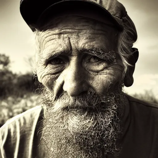 Prompt: High-resolution image. A portrait of an aged mushroom harvester with a melancholy expression and a wrinkly face and large unkempt beard. Deep shadows and highlights. Lightroom