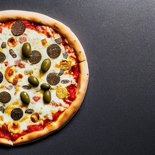 Prompt: A pizza with pebble, olive, ice cube and coin toppings