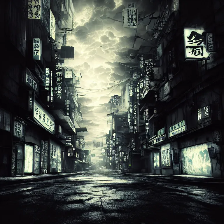 Image similar to surreal abandoned dark street in tokyo, cyberpunk, broken lights neon ads, dark clouds, surreal abandoned buildings, dream-like heavy atmosphere, baroque painting, beautiful detailed intricate insanely detailed octane render trending on Artstation, 8K artistic photography, photorealistic, dramatic volumetric cinematic perfect light, chiaroscuro, award-winning photograph, masterpiece, Raphael, Caravaggio, Beksinski, Giger