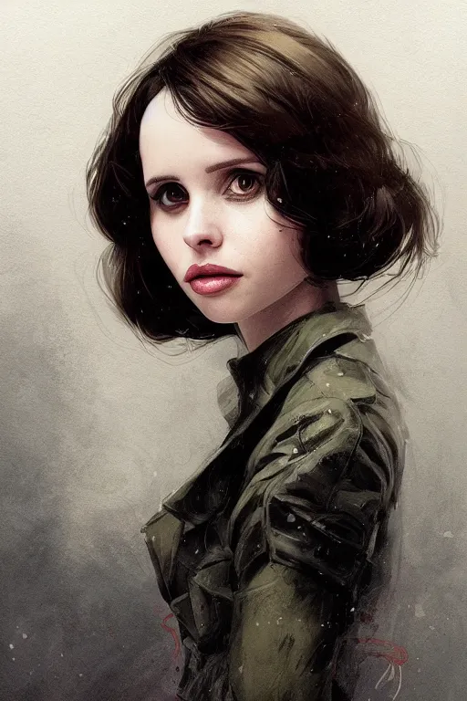 Image similar to portrait of actress felicity jones, colourised, face portrait, epic, tragic, military art, fantasy, dieselpunk, hd shot, digital portrait, beautiful, artstation, comic style, by artgerm, guy denning, jakub rozalski, magali villeneuve and charlie bowater