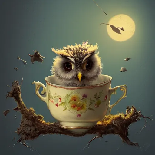 Image similar to long shot of a very cute owl chick nesting in a very romantique cup, by esao andrews, by james jean, marc simonetti, humorous illustration, hyperrealistic, big depth of field, warm colors, night scenery, low light, 3 d octane render, 4 k, conceptart, hyperdetailed, hyperrealistic, trending on artstation