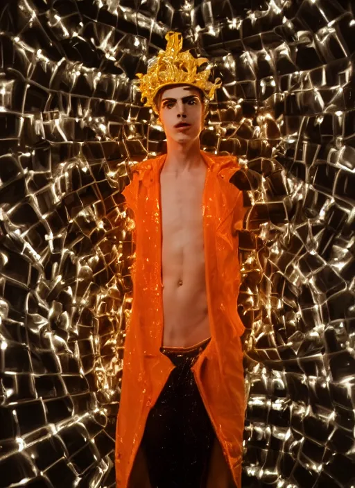 Image similar to photo of baroque and bladerunner delicate neon diamond sculpture of ceramic albino king adrien sahores seductive delicious lip licking, creamy orange iridescent humanoid deity wearing white fluffy hoody holding diamond skull in a black metallic dungeon, reclining, glowing rainbow face, crown of white diamonds, cinematic lighting, photorealistic, octane render 8 k depth of field 3 d