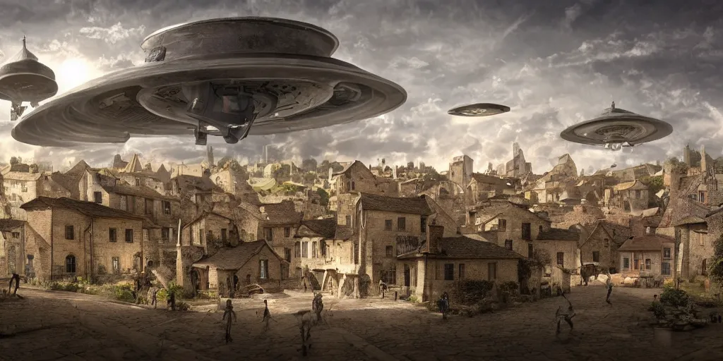 Image similar to ufo's invading a medieval town, view from the street, digital art, matte painting, very detailed