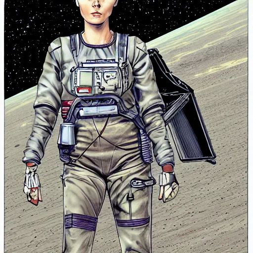 Image similar to illustration of butch tomboy stoic emotionless square - jawed heroic blonde woman wearing patched ripped dirty flight suit, staggering across desert on hostile extraterrestrial planet, pen and ink, ron cobb, mike mignogna, comic book, black and white, science fiction, punk, grunge, used future, illustration, comic book cover, - ar 1 6 : 9