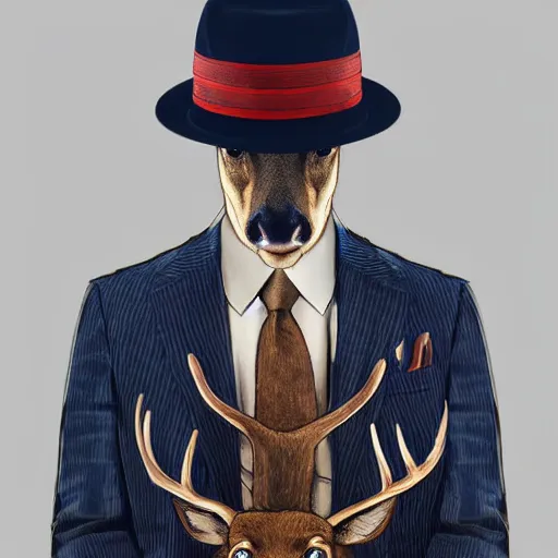 Image similar to a upper body portrait of a deer in a pinstriped suit and pants wearing a fedora with the antlers sticking out of the fedora adjusting his tie by artgerm and wlop, intricate detail, digital art, photorealistic, trending on artstation