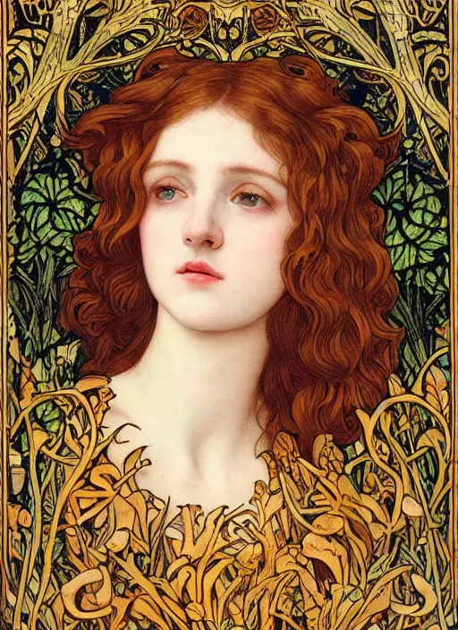 Prompt: masterpiece beautiful seductive flowing curves preraphaelite face portrait photography, ophelia extreme close up shot, straight bangs, thick set features, yellow ochre ornate medieval dress, amongst foliage mushroom forest circle arch, william morris and kilian eng and mucha, framed, 4 k